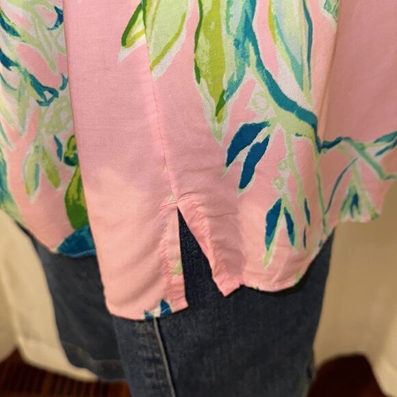 Lilly Pulitzer L Willa Pink Green Tropical Long Flounce Sleeve Front Tie Top - Picture 7 of 12